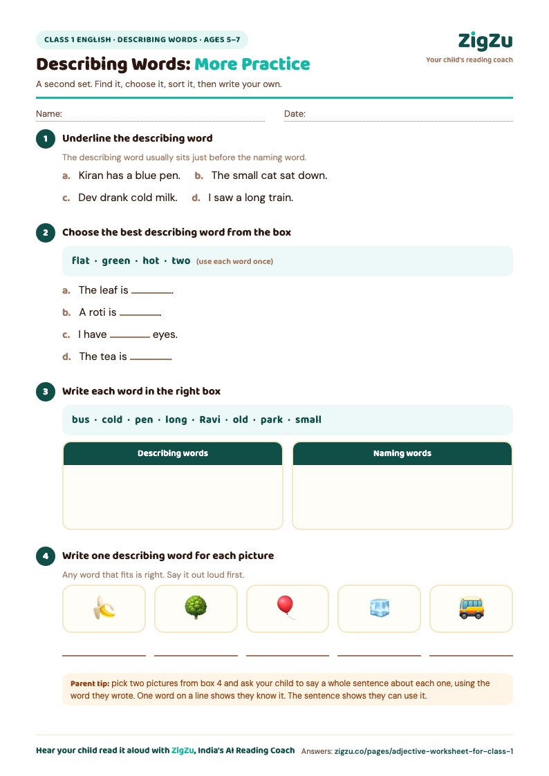 Preview of Class 1 Adjective Worksheet 2: More Describing Words: The same four skills again, all new sentences.