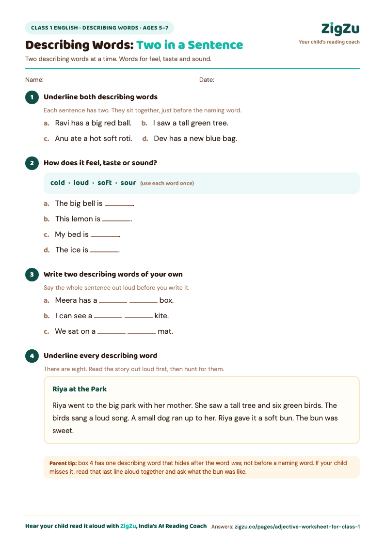 Preview of Class 1 Adjective Worksheet 3: Two Describing Words and a Passage: Harder: two describing words, plus a passage to underline.