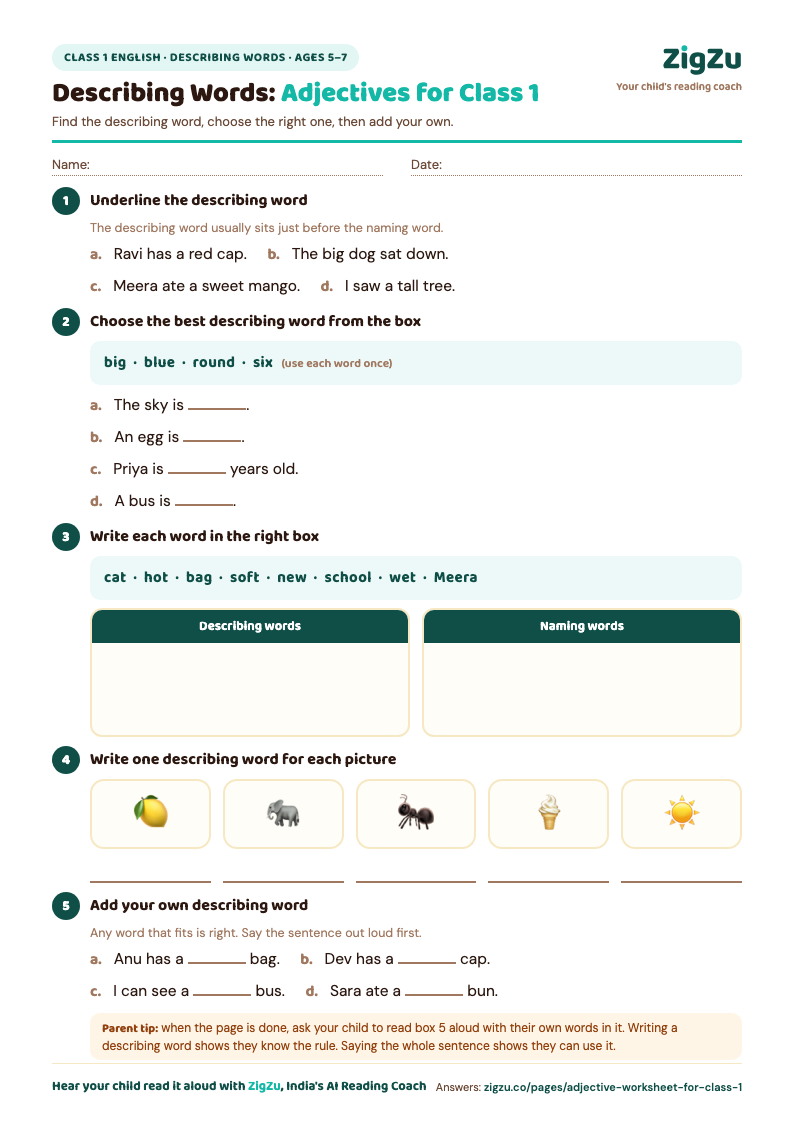 Preview of Class 1 Adjective Worksheet: Describing Words: Spot, choose and sort describing words, then add one.