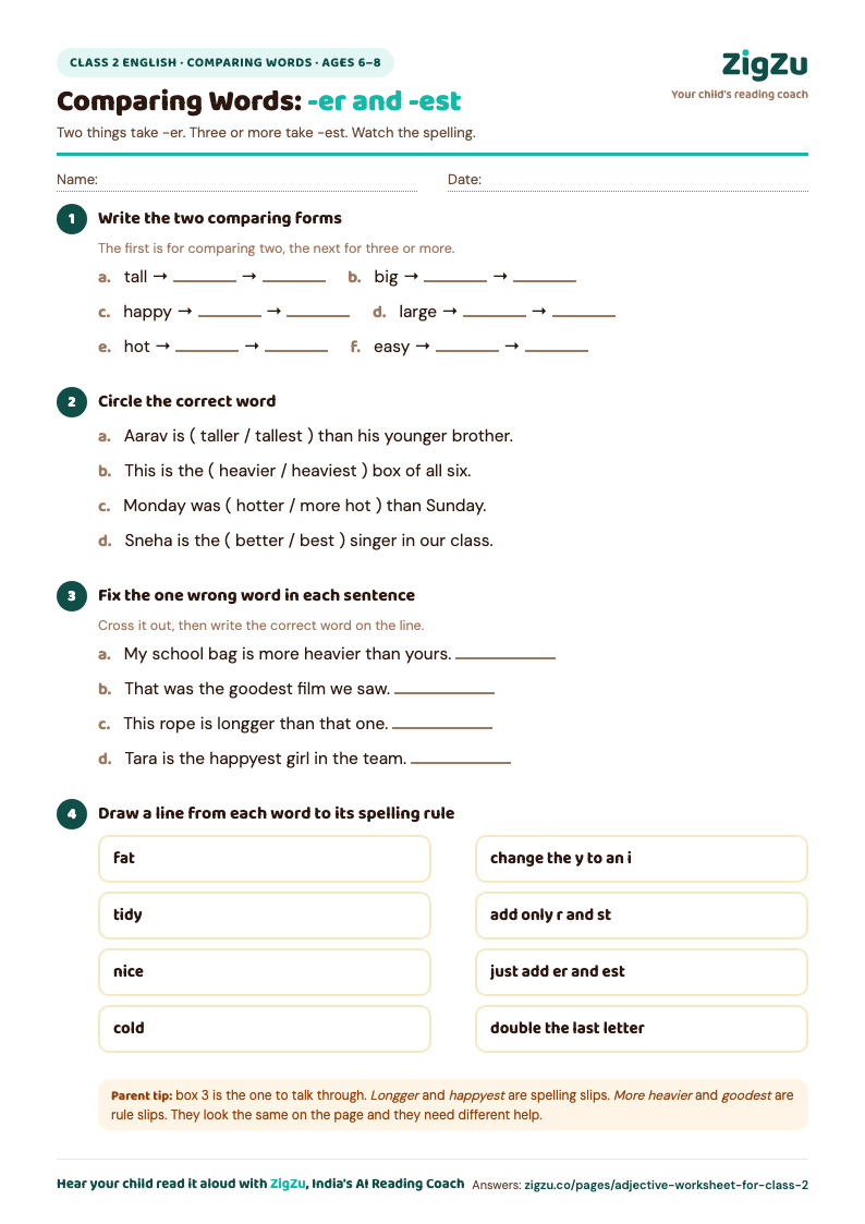 Preview of Class 2 Adjective Worksheet 2: Comparing With -er and -est: The -er and -est forms, plus the spelling rules.