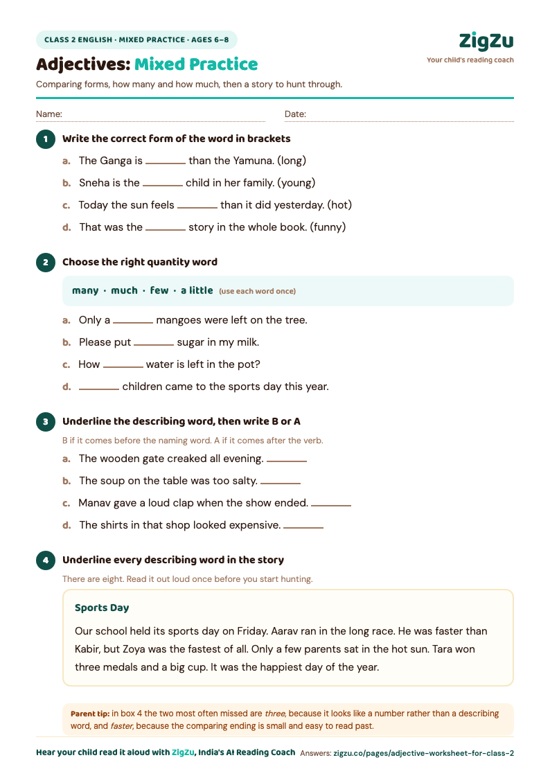 Preview of Class 2 Adjective Worksheet 3: Comparing, Quantity Words and a Passage: Comparing, quantity words and a passage to underline.