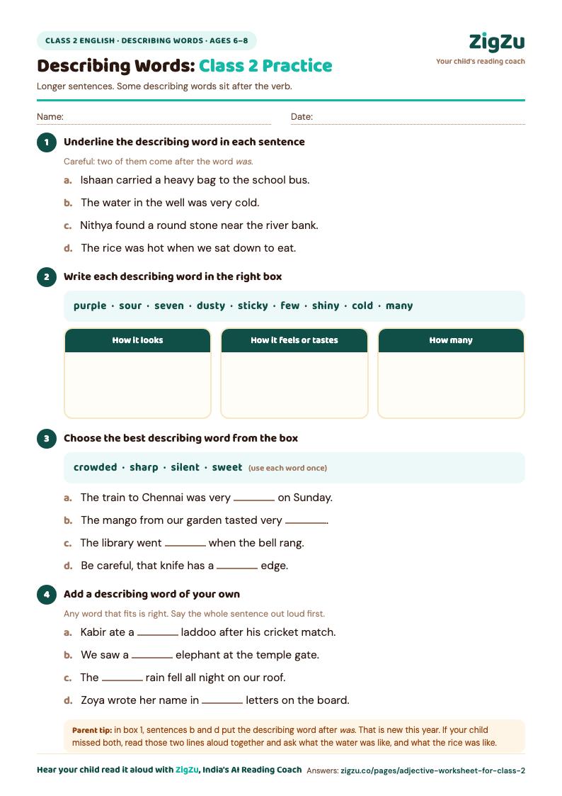 Preview of Class 2 Adjective Worksheet: Describing Words: Find, choose and add adjectives in longer sentences.