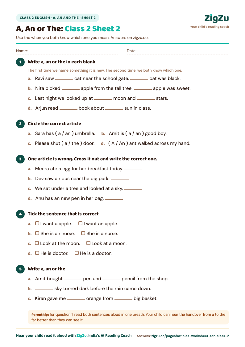 Preview of Articles Worksheet for Class 2 Sheet 2 (A, An and The): All three articles mixed: a, an and the.