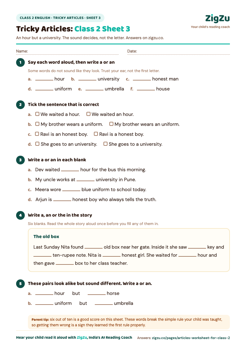 Preview of Articles Worksheet for Class 2 Sheet 3 (Tricky Sound Words): Silent h, yoo sounds and a fill-in passage.