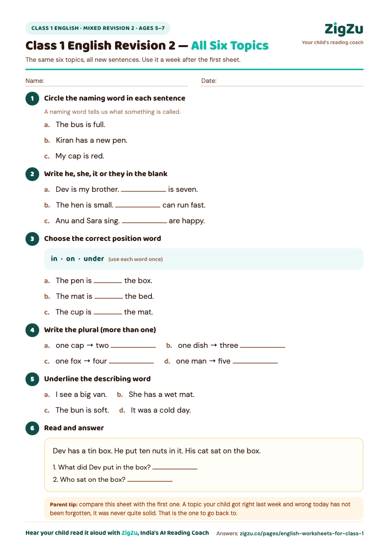 Preview of Class 1 English Mixed Revision Worksheet 2: A second revision round with all-new sentences.