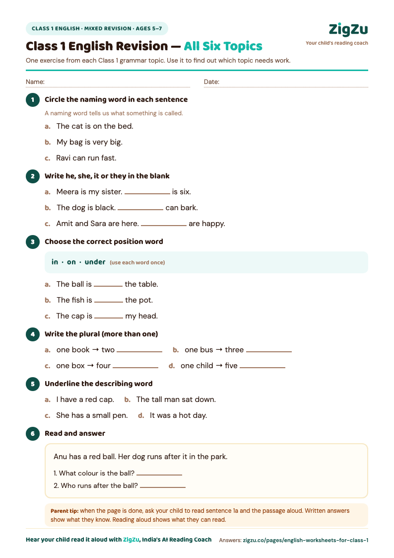 Preview of a free Class 1 English worksheet: revision