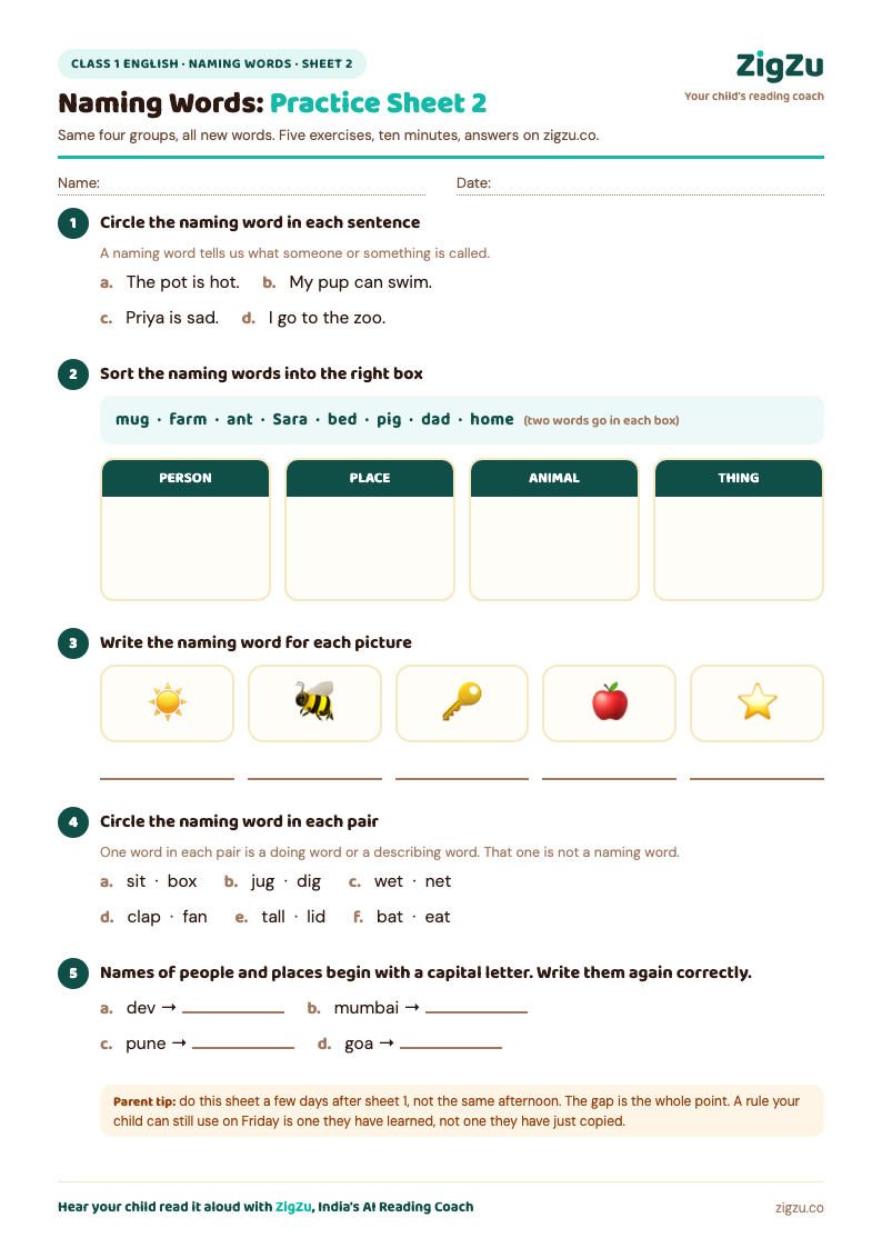 Preview of Class 1 Noun Worksheet 2 (More Naming Words): The same four groups again, with all new words.