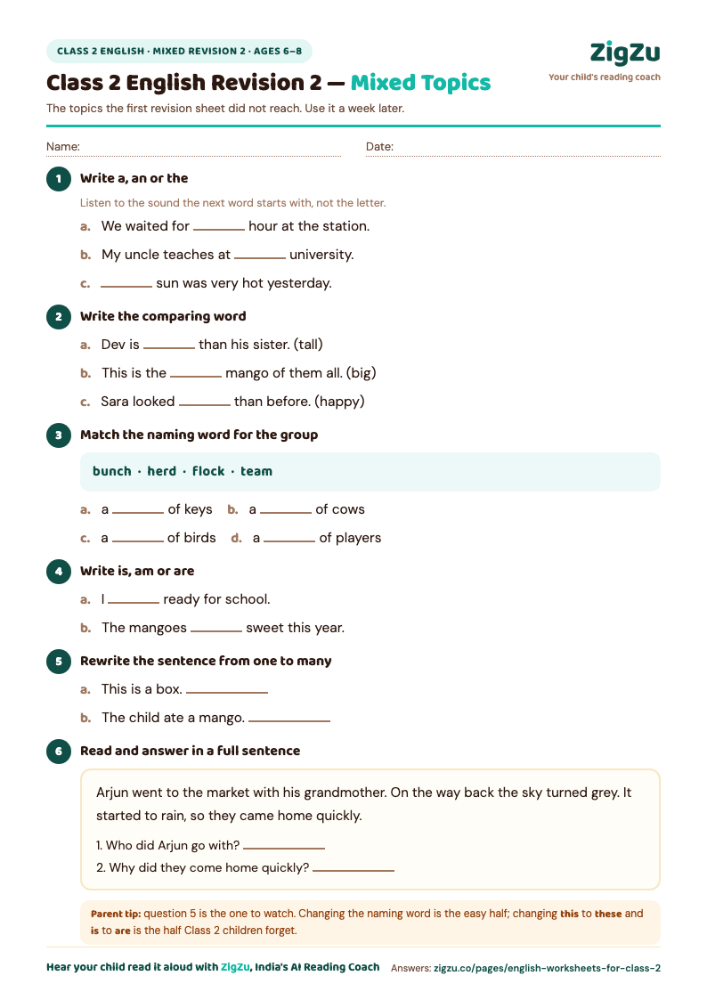 Preview of Class 2 English Mixed Revision Worksheet 2: Articles, comparison, collective nouns, verbs, a passage.