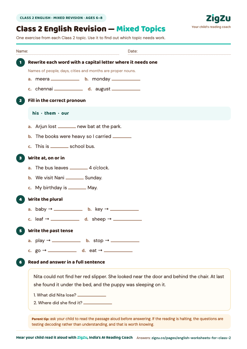 Preview of Class 2 English Mixed Revision Worksheet: Nouns, pronouns, time words, plurals, verbs, a passage.