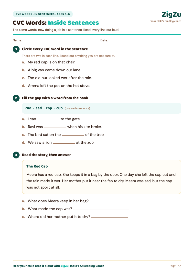 Preview of CVC Words Worksheet 3: CVC Words in Sentences: A step harder: find CVC words inside sentences, then read a short passage.
