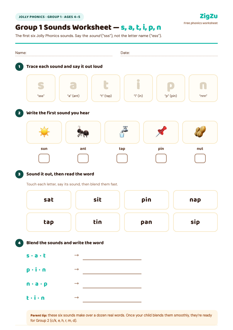 Jolly Phonics Group 1 worksheet preview: trace s, a, t, i, p, n; write the first sound; read CVC words sat, sit, pin, nap, tap; and blend sounds into words.