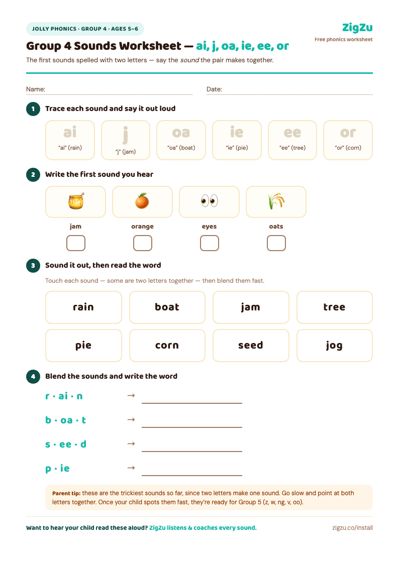 Jolly Phonics Group 4 worksheet preview: trace ai, j, oa, ie, ee, or; write the first sound; read words rain, boat, jam, tree, pie; and blend sounds into words.