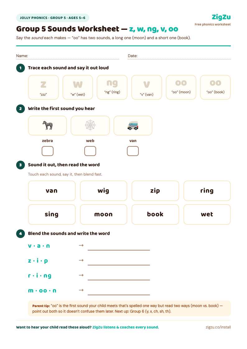 Jolly Phonics Group 5 worksheet preview: trace z, w, ng, v, oo; write the first sound; read words van, wig, zip, ring, sing; and blend sounds into words.