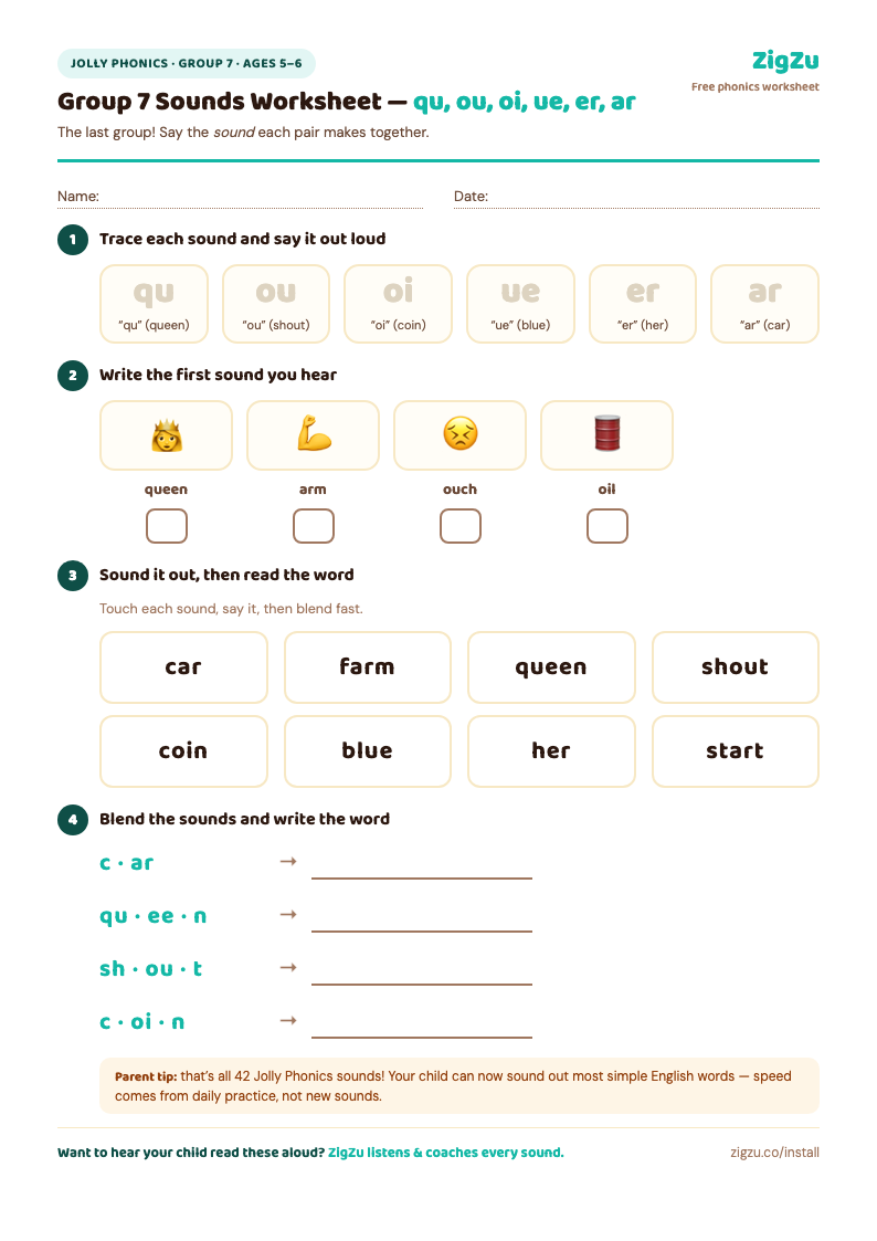 Jolly Phonics Group 7 worksheet preview: trace qu, ou, oi, ue, er, ar; write the first sound; read words car, farm, queen, shout, coin; and blend sounds into words.