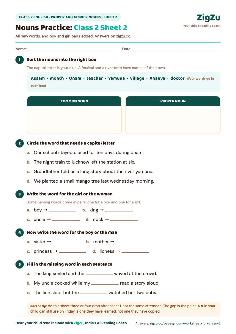 Preview of Class 2 Noun Worksheet 2 (Proper Nouns and Gender Nouns): All new words, plus boy and girl noun pairs.