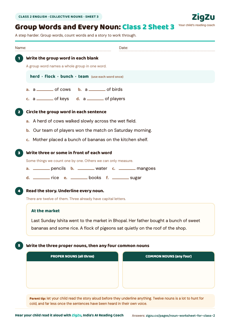 Preview of Class 2 Noun Worksheet 3 (Collective Nouns and Passage): Collective nouns, count words and a story to sort.