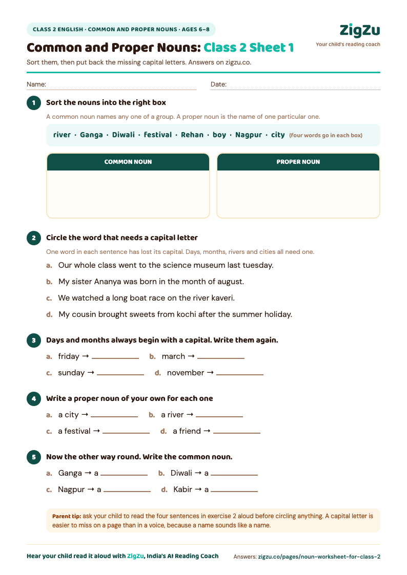 Preview of Class 2 Noun Worksheet (Common and Proper Nouns): Common and proper nouns, plus missing capital letters.