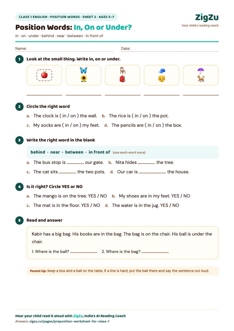 Preview of Class 1 Preposition Worksheet 2 (In, On and Under Practice): More in, on and under, with new pictures