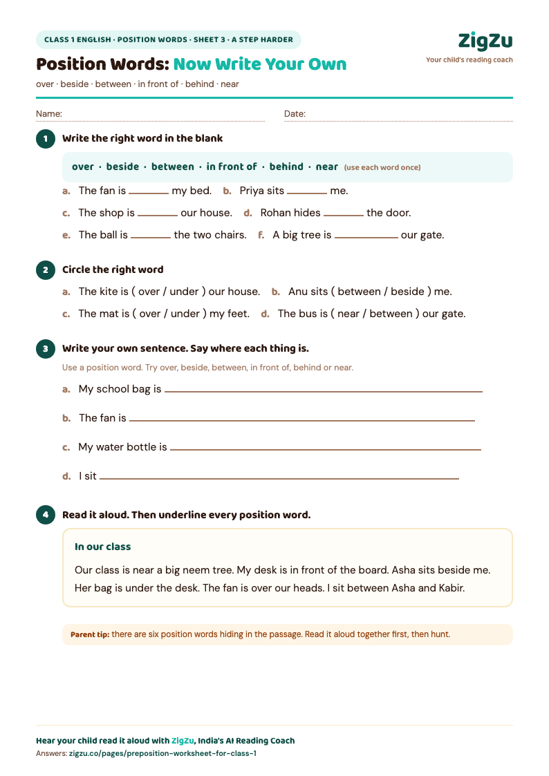 Preview of Class 1 Preposition Worksheet 3 (Over, Beside, Between and Sentence Writing): Over, beside, between, plus your child writes sentences