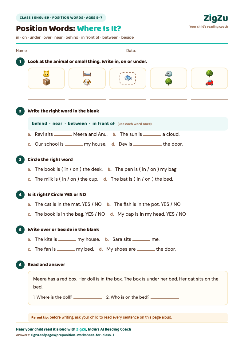 Preview of Class 1 Preposition Worksheet (Position Words): Picture round, word bank, in or on, short passage