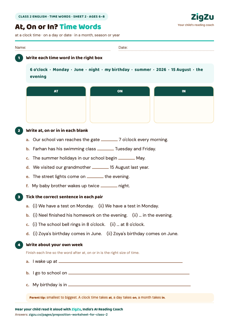 Preview of Class 2 Preposition Worksheet 2 (Time: At, On, In): At, on and in for times and dates