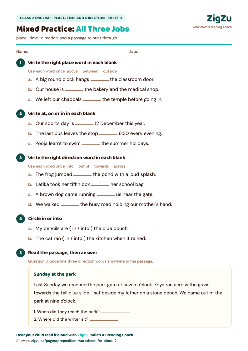Preview of Class 2 Preposition Worksheet 3 (Place, Time and Direction Mixed): Place, time and direction mixed, plus a passage