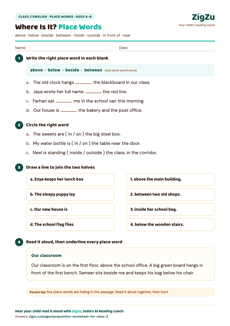 Preview of Class 2 Preposition Worksheet (Place Words): Place words in longer Class 2 sentences