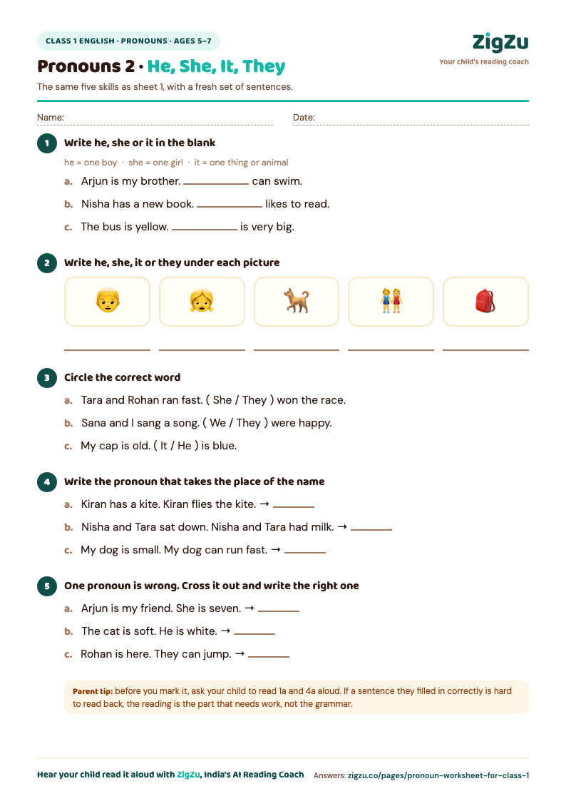 Preview of Class 1 Pronoun Worksheet 2: Same skills as sheet 1, all new sentences.