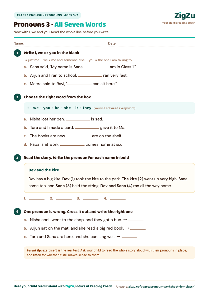 Preview of Class 1 Pronoun Worksheet 3: Harder: adds I, we and you, plus a passage.