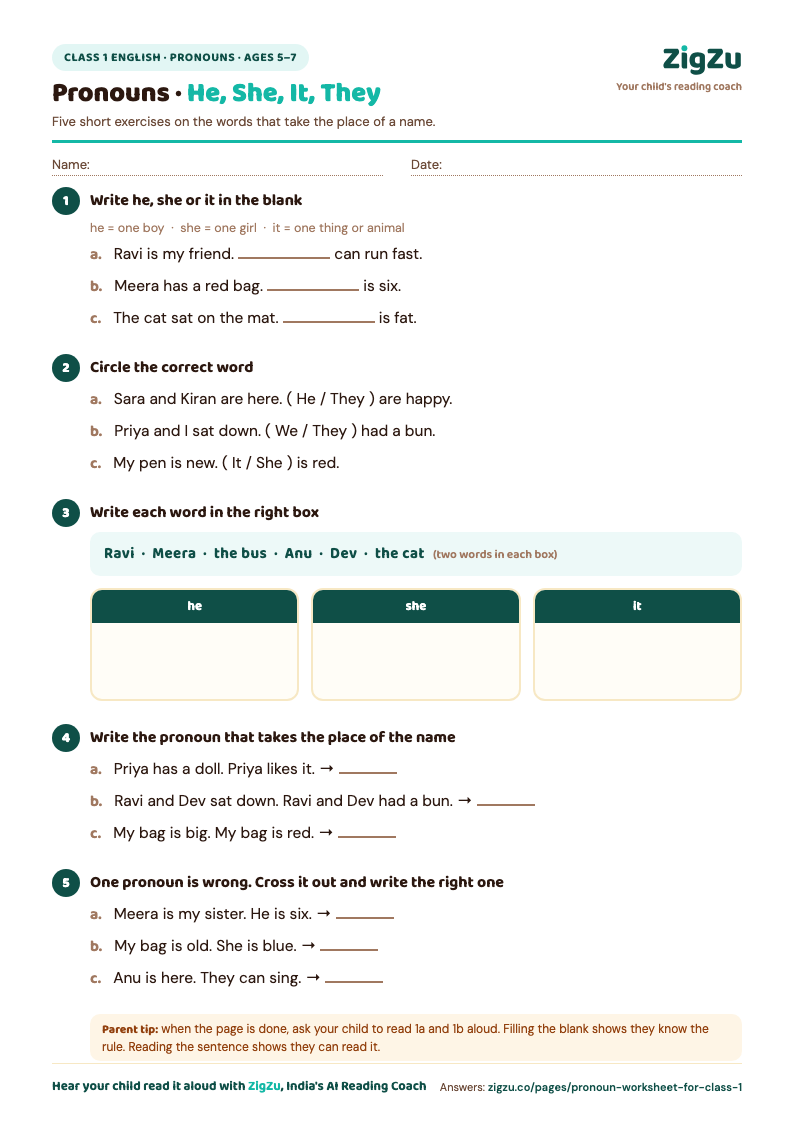 Preview of Class 1 Pronoun Worksheet: First practice with he, she, it and they.