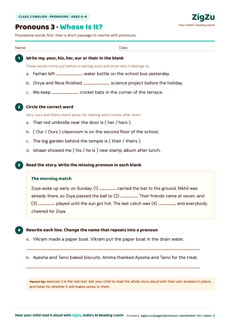 Preview of Class 2 Pronoun Worksheet 3: Possessives, plus a short passage to rewrite.