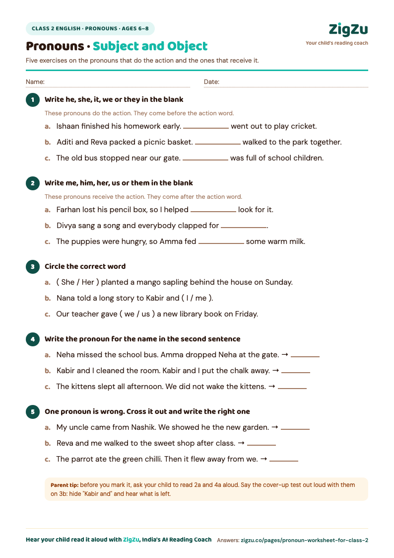 Preview of Class 2 Pronoun Worksheet: Subject and object pronouns in longer sentences.