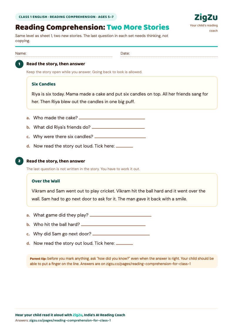 Preview of Class 1 Reading Comprehension Worksheet 2: Two new stories at the same level, more practice