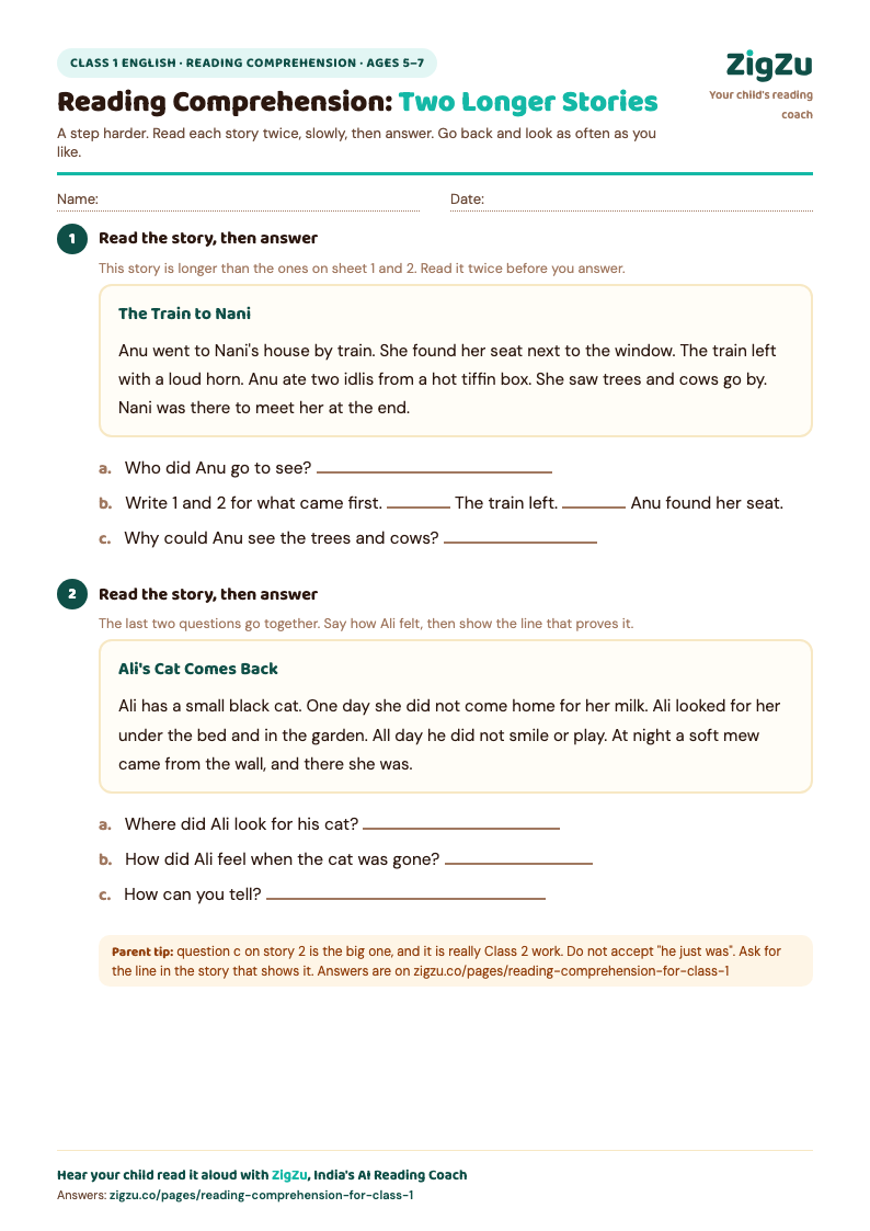 Preview of Class 1 Reading Comprehension Worksheet 3: Longer stories: order the events, name the feeling