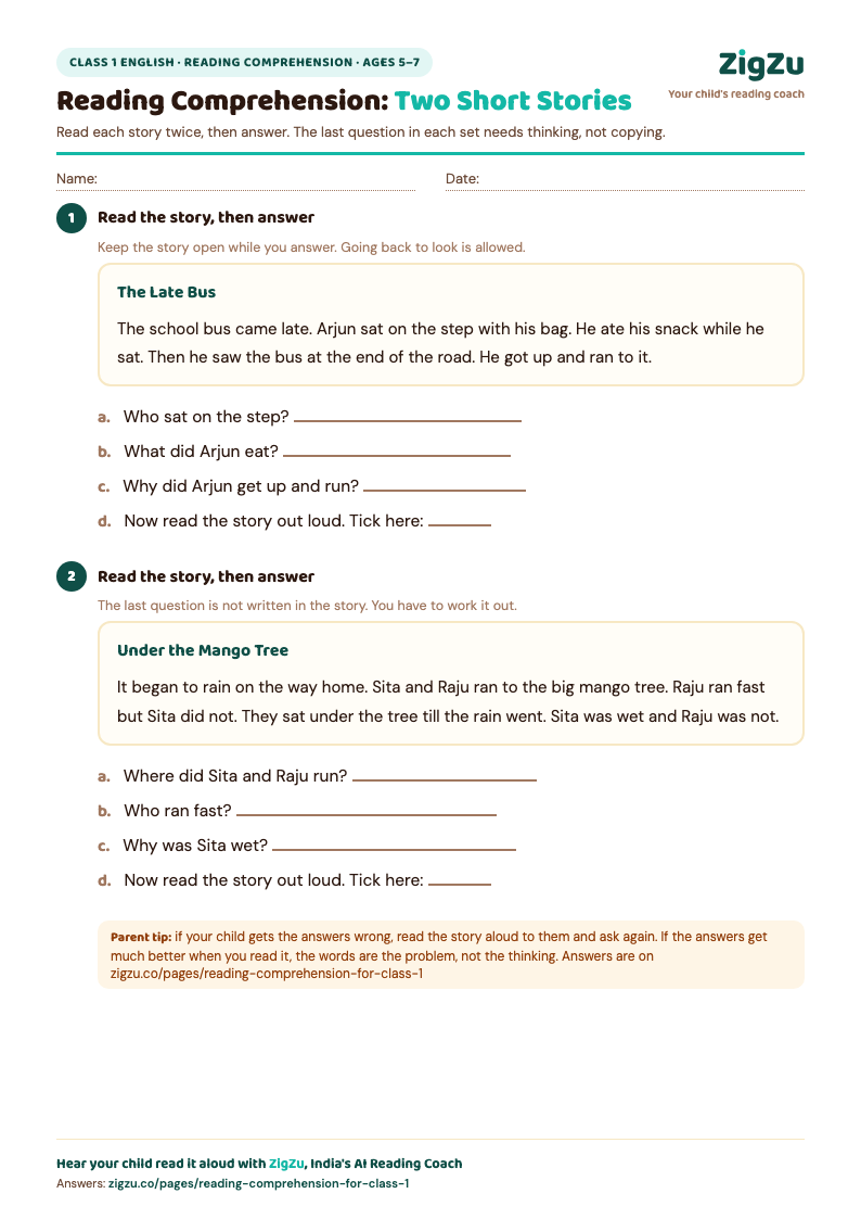 Preview of a free Class 1 English worksheet: reading comprehension