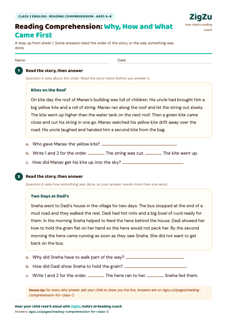 Preview of Class 2 Reading Comprehension Worksheet 2: Why and how questions, plus what came first