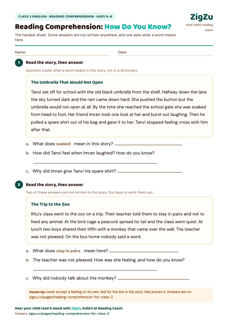 Preview of Class 2 Reading Comprehension Worksheet 3: Inference with evidence, and word meaning in context