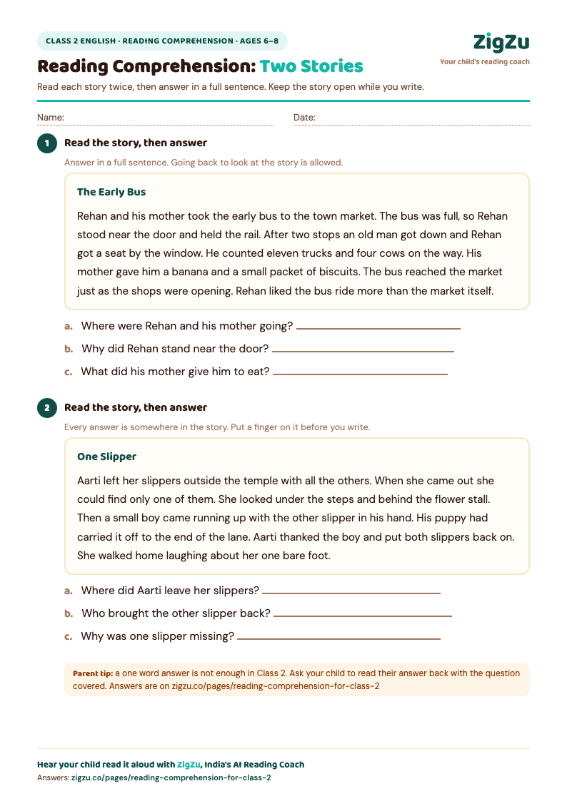 Preview of Class 2 Reading Comprehension Worksheet: Two stories, direct answers, one why each