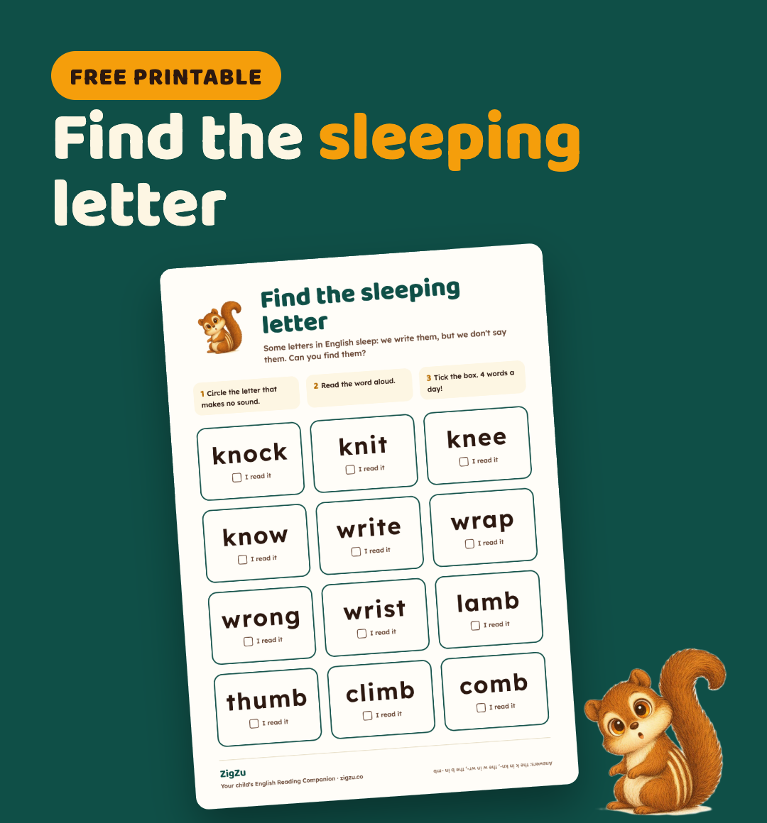 Preview of Silent Letters Worksheet: Twelve words with a sleeping letter (kn, wr, mb) to circle, read aloud and tick.