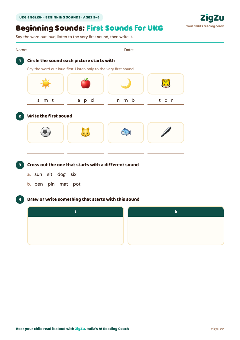 Preview of UKG English Worksheet 1: Beginning Sounds: Circle the first sound, write it, and find the odd one out.