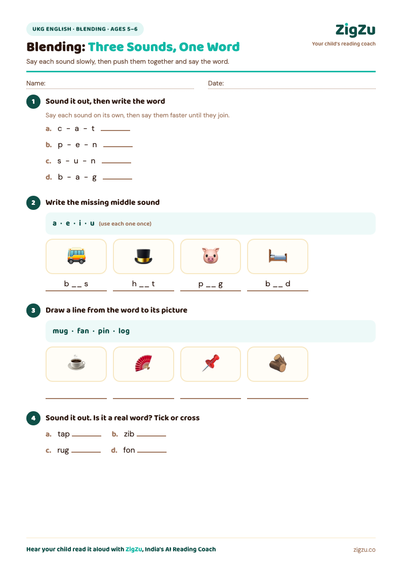 Preview of UKG English Worksheet 2: Blending CVC Words: Blend three sounds into a word, and find the missing vowel.