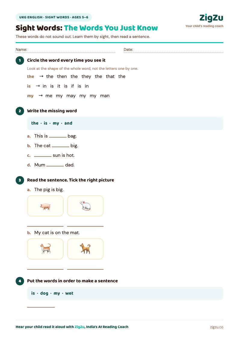 Preview of UKG English Worksheet 3: Sight Words and First Sentences: The words you cannot sound out, then a first sentence.