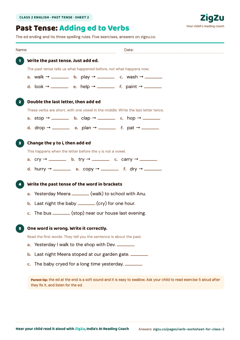Preview of Class 2 Verb Worksheet 2 (Present and Past Tense): Present to past with the three ed spelling rules.