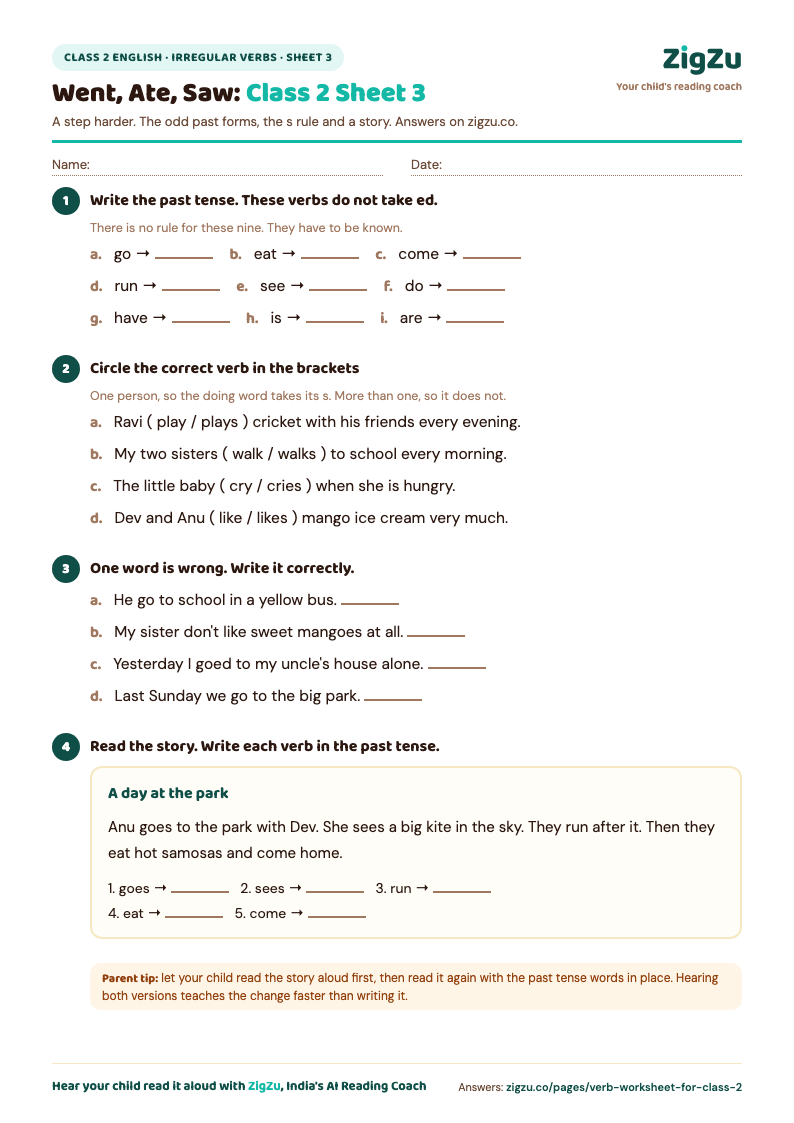 Preview of Class 2 Verb Worksheet 3 (Irregular Verbs and Subject Verb Agreement): Irregular past forms, subject verb agreement, one passage.