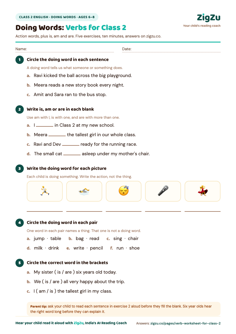Preview of Class 2 Verb Worksheet (Action Words and is, am, are): Find the action words and fill is, am, are.